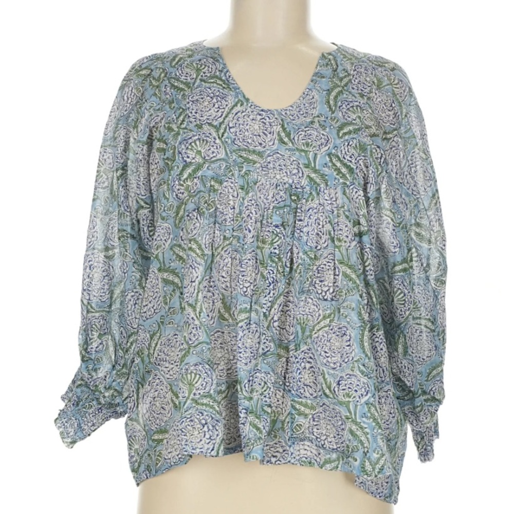 Dolma Blue Block Print Popover Blouse Relaxed fit exaggerated balloon sleeve OS